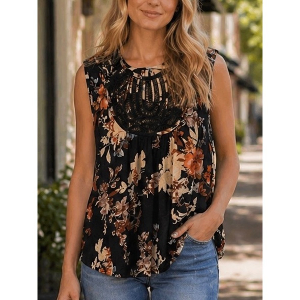 Sundance Floral Tank Top Black Sleeveless Viscose Blouse Women's Size S